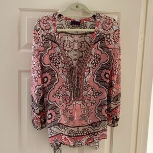 Hale Bob Pink and Chocolate Brown Plunging Neckline Tunic with Beading